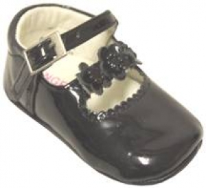 Girls Infants crib shoes with 3 sunflowers w/ pearls-BlackPat
