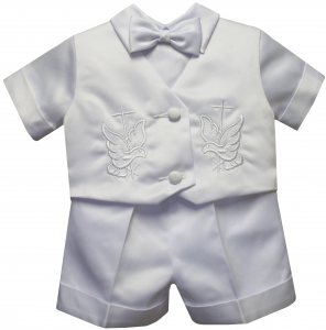 BOYS CHRISTENING SHORT PANTS SUIT W/ BIRD & CROSS ON VEST